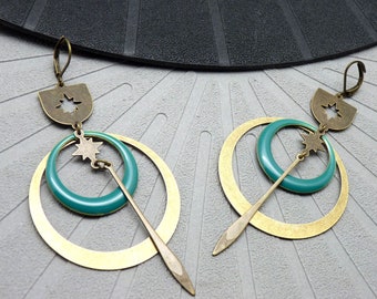 SATURNELLE enamelled duck bronze star hoop earrings or asymmetrical earrings of your choice, clip option