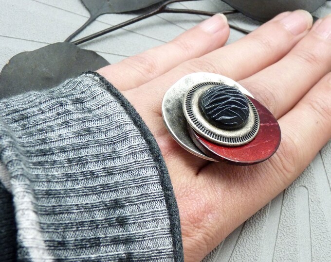 Large silver ring, red wood, black zebra resin CAPRI adjustable adjustable