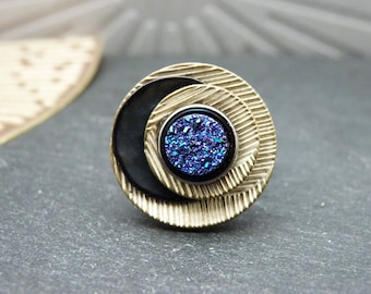 Small offset round indigo blue druzy stone ring, black and pearly ecru metal, chic luminous DRUZY INDIGO adjustable adjustable