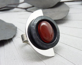 Large silver half-moon ring red stone carnelian DEMIMOON adjustable adjustable