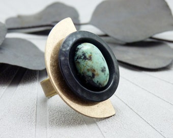 Large Vintage Gold Half Moon Ring African Turquoise Stone DEMIMOON Adjustable Adjustable