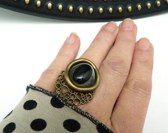 Small semi-precious black Onyx stone ring in bronze metal NEBULLE adjustable adjustable