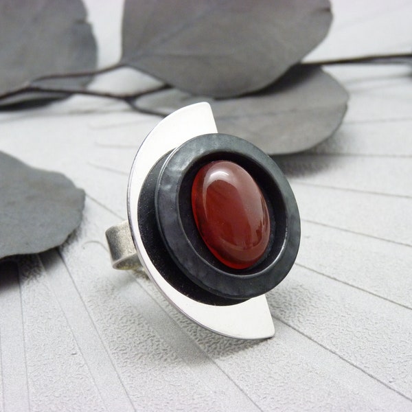 Grosse Bague demi-lune argent pierre rouge cornaline DEMIMOON réglable ajustable