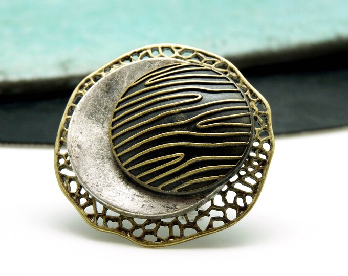Large zebra ring bronze silver metal lace - ethnic chic - ZEBRALDA - adjustable