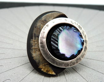 Large oval horn ring, silver blue mother-of-pearl, ethnic chic, offset adjustable TADAM