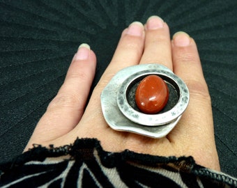 Grosse Bague argent pierre jaspe rouge orangé | GRECCA JASPE | réglable - KUMKA