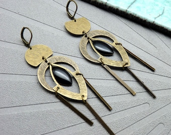 Boucles d'Oreilles lune bronze métal brossé email noir BLACKEYES option Clips