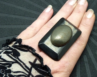 Large Rectangular Pyrite Ring, Black Horn | HARLEM | Adjustable - KUMKA