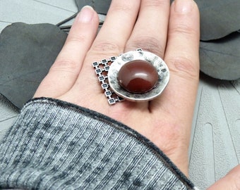 Bague argent vieilli pierre agate rouge bordeaux, graphique | QUADRI | réglable - KUMKA