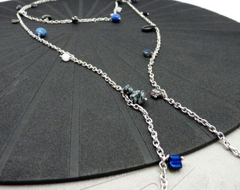 Long necklace, multi-bead sautoir necklace with stones | CASCADE | silver blue - KUMKA