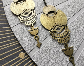 Ethnic earrings in brushed bronze metal, INDIE COSMIK, clip-on option - KUMKA