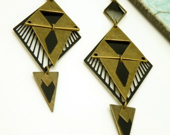 Boucles d'Oreilles Longues Losange Bronze et Filigrane Noir | AYANATI | Graphique | Option Clips - KUMKA