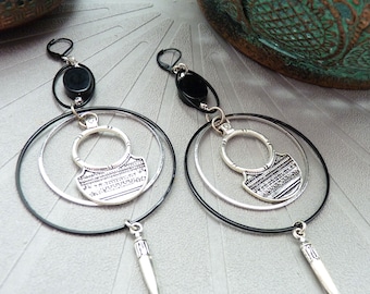 Large ethnic hoop earrings in silver and black metal and black agate stone | PATINA | clip-on option - KUMKA