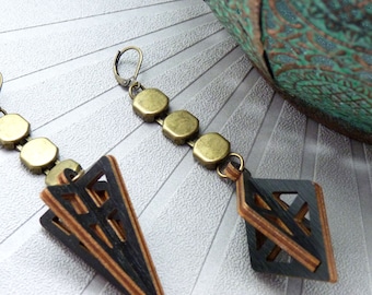 Boucles d'oreilles asymétriques 3D en bois noir, métal bronze 3D WOOD option clips