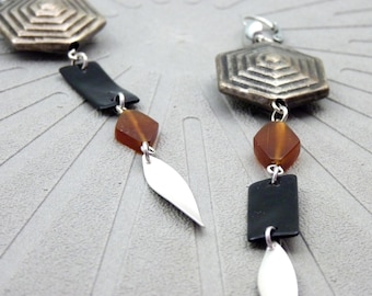 Asymmetrical Hexagon and Orange Horn Earrings | EXALT | Clip-on Option - KUMKA