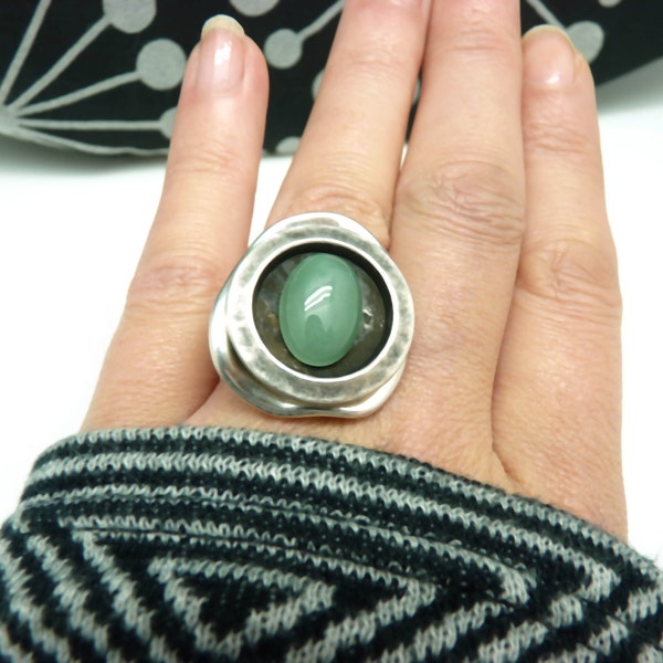 Small silver ring in green aventurine stone GRECA adjustable, Best seller!