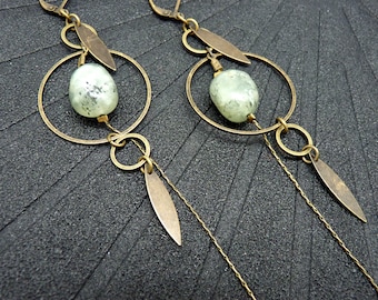 Bronze-tone metal and stone graphic earrings | PREHNITE | Clip-on option - KUMKA