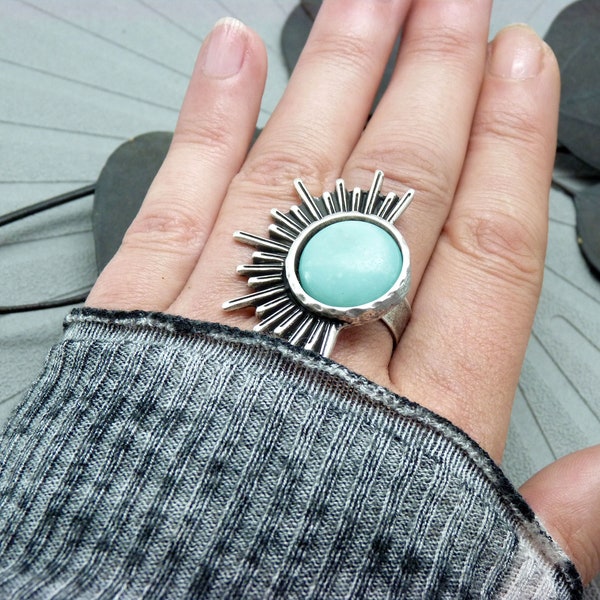 Bague argent demi-soleil pierre bleu doux amazonite, graphique DEMI-SOLEIL AMAZONITE réglable ajustable