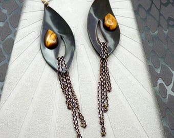 Tiger's Eye and Black Horn Earrings | SHAMANE | Clip-on Option - KUMKA