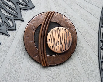 Broche Aimantée Ethnique Cuivrée, métal, bois | SAVANE | pour fermer un Gilet - KUMKA
