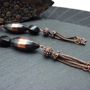 Asymmetrical metal pompom earrings - copper and black - COPPER LOVE - clips option