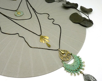 Long necklace, 4-strand sautoir necklace, black, bronze, oxidized blue-green, boho | OPTIMISTIK | - KUMKA