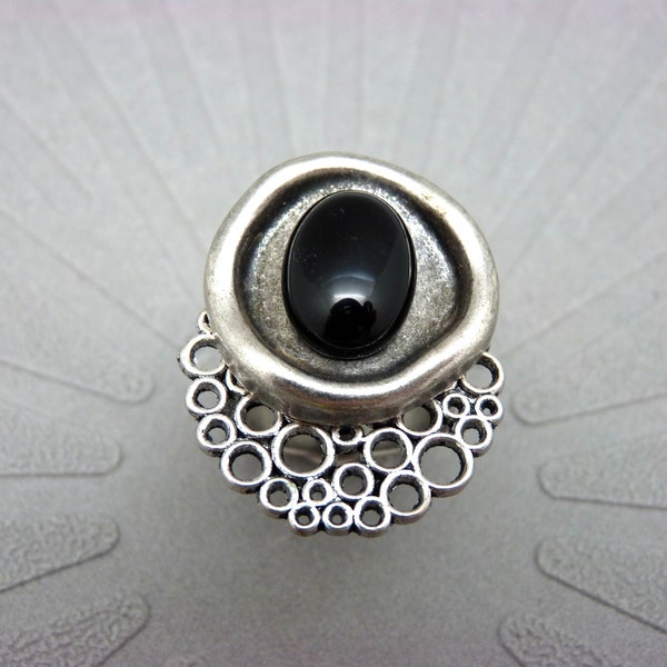 Petite Bague argent pierre noire Onyx NEBULLE réglable ajustable