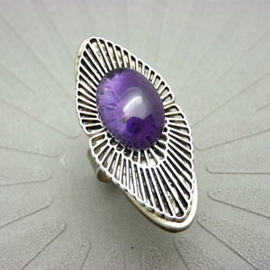 Long silver purple amethyst stone ring, art deco, adjustable OSMOSIS AMETHYST