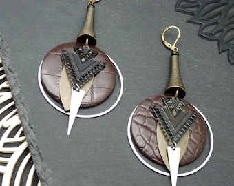 Graphic and Tribal Earrings, Brown Crocodile Leather | CIRCUS | Clip-on Option - KUMKA