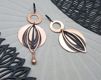 Copper and Black Filigree Earrings | CALYPSO | Clip-on and Asymmetrical or Non-Asymmetrical Options - KUMKA