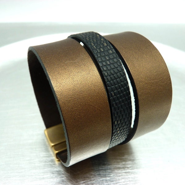 Black and bronze leather and imitation cuff bracelet with bronze magnetic clasp wide 5 cm chic ethnic MINIMALIST