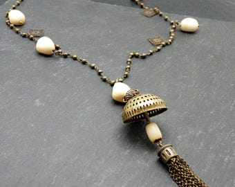 Sautoir Bronze et Perles de Verre Écru | MEDUSA | Pompon Chaînes - KUMKA