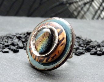 Grosse Bague tigre, bleu orange, verre dichroïque lumineux | TIGRIA | réglable - KUMKA