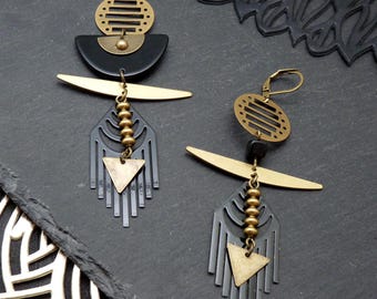 Black & Bronze Art Deco Earrings | NEO ARTDECO | Clip-on and Asymmetrical options available! - KUMKA