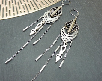 Long silver-plated and stainless steel earrings | NEOTRIBAL | clip-on option - KUMKA