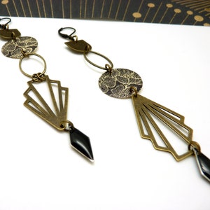 ROSA bronze and black asymmetrical art deco earrings, clip-on option