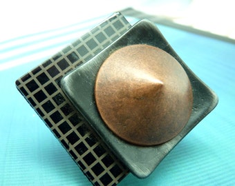 Large, square, off-center graphic ring in black and copper | NEO | adjustable | last one! - KUMKA