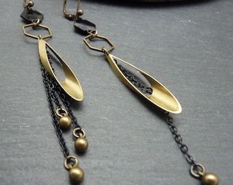 3D Asymmetrical Long Black Bronze Earrings | GATAKA | Clip-on or Matching Earrings Option - KUMKA