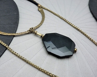 Large black onyx stone pendant necklace, leather, with or without a bronze sautoir necklace, chic, art deco MADAME REVE - KUMKA