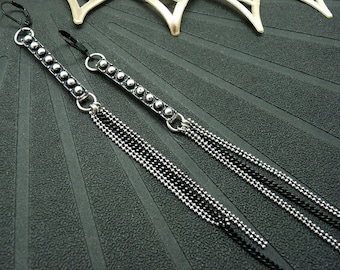 Long silver and black metal chain earrings KALY clip option