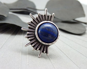 Half-sun silver ring with indigo blue Lapis Lazuli stone, graphic HALF-SUN LAPIS Lazuli adjustable