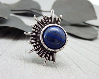 Lapis Lazuli indigo blue stone half-sun silver ring, adjustable HALF-SUN LAPIS Lazuli graphic