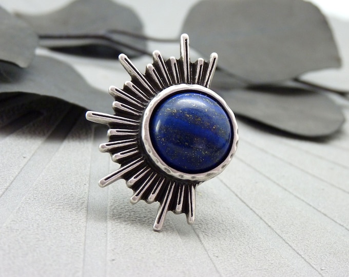 Half-sun silver ring with indigo blue Lapis Lazuli stone, graphic HALF-SUN LAPIS Lazuli adjustable