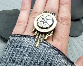 Long bronze and pearly beige metal ring, graphic KIARA BRONZE adjustable