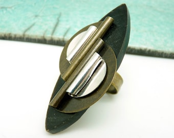 Large long graphic ring in black horn, bronze and silver metal, ethnic, minimal, futuristic / FUTURA adjustable adjustable