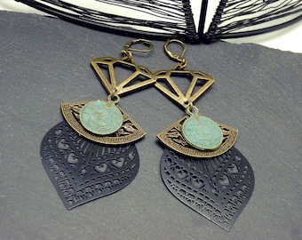 Oxidized verdigris earrings, black filigree - boho - ANASTASIA - clips option
