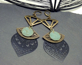 Earrings black bronze blue green gray oxidized metal filigree ANASTASIA clip option