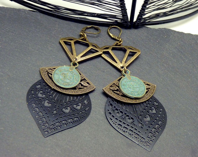 Oxidized verdigris earrings, black filigree - boho - ANASTASIA - clips option