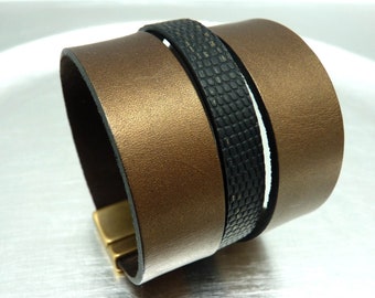 Black and bronze leather and imitation cuff bracelet with bronze magnetic clasp wide 5 cm chic ethnic MINIMALIST