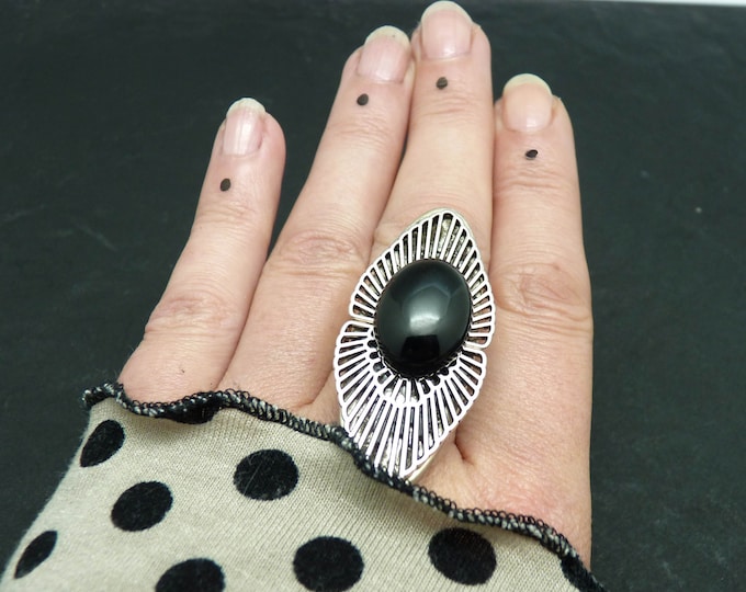 Long silver ring with black onyx stone, art deco, OSMOSE ONYX adjustable